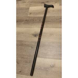 VTG Dragon Whale Walking Cane Wood Carved Marble Mouth 35" Black Red Lacquer